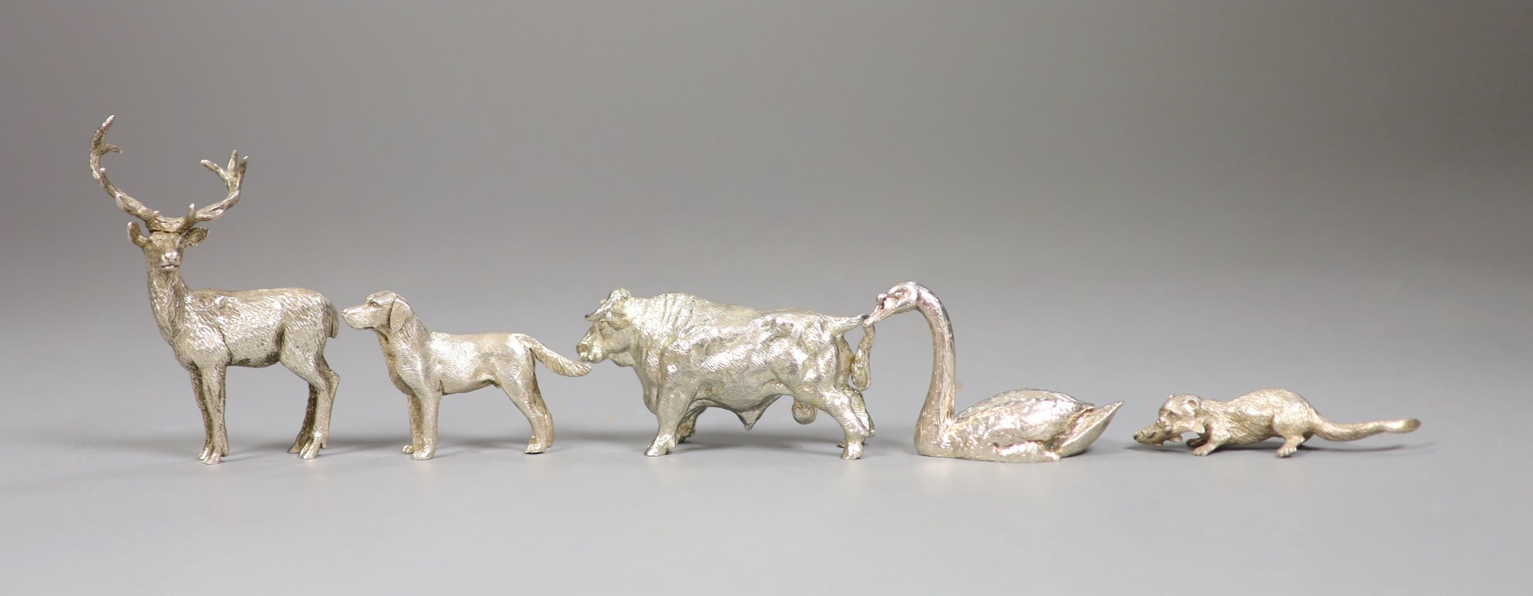 Five modern miniature silver model animals, including a stag, bull, dog, swan and otter with fish, maker SM J&J?, tallest 67mm, gross 9oz.